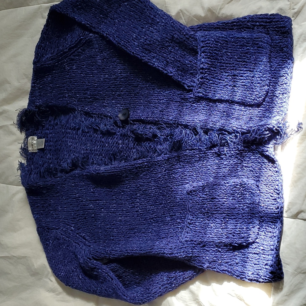 Chicos linen blend one button sweater jacket eyelash trim